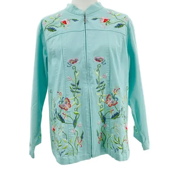 Quacker Factory Aqua Blue Floral Multicolor Embroidery Mock Neck Jacket Women 1X - Picture 2 of 14